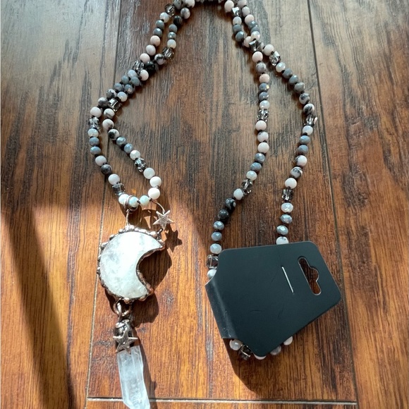 Moon necklace with crystal stone and beaded chain. - Picture 2 of 2